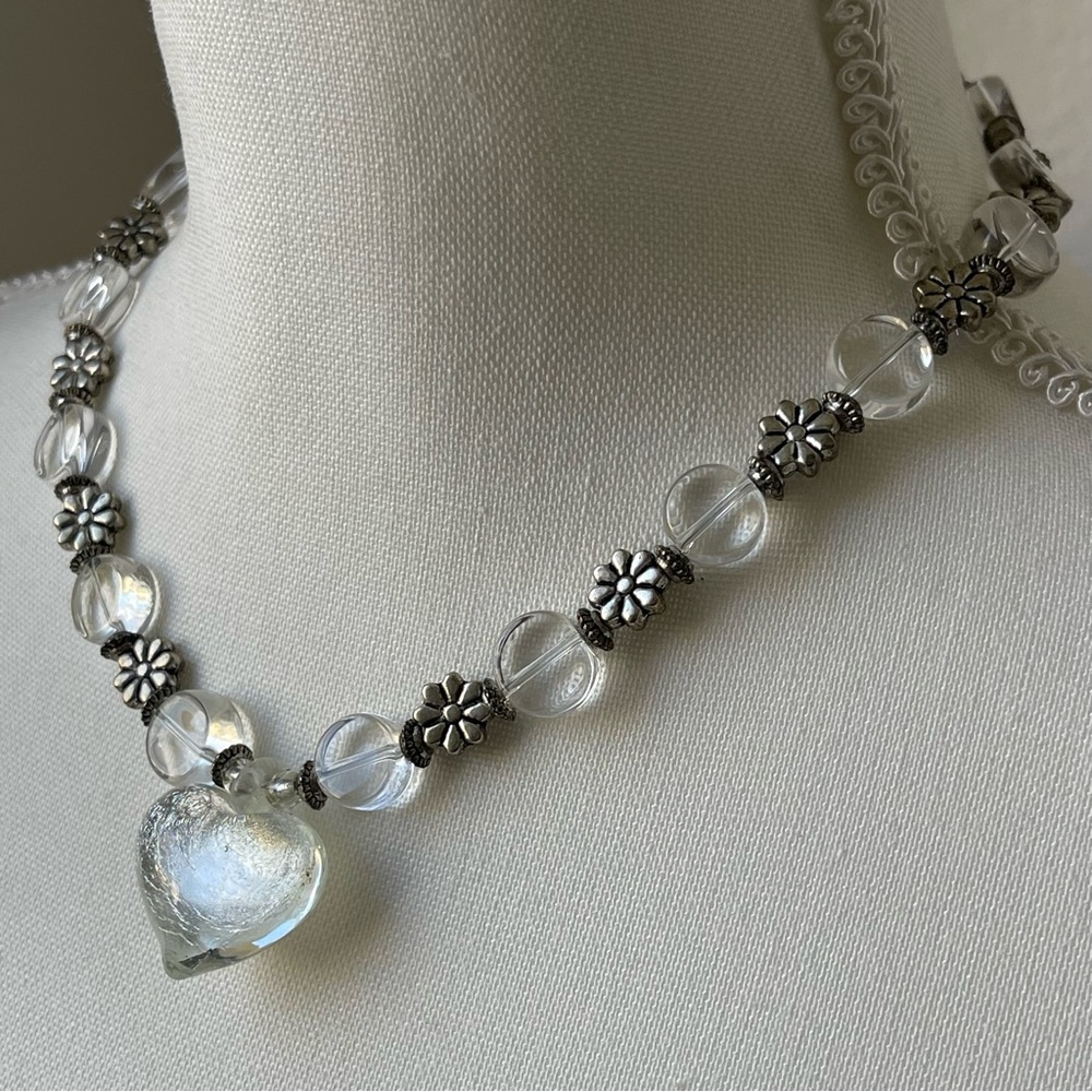 Set of Heart Glass Pendant Floral Silver Tone Lucite Acrylic Earrings Necklace